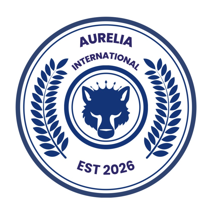 Aurelia International crest: a crowned wolf within a laurel wreath, est. 2026